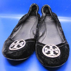 Tory Burch Violet Black Suede Crystal Medallion Flats 9.5M EUC